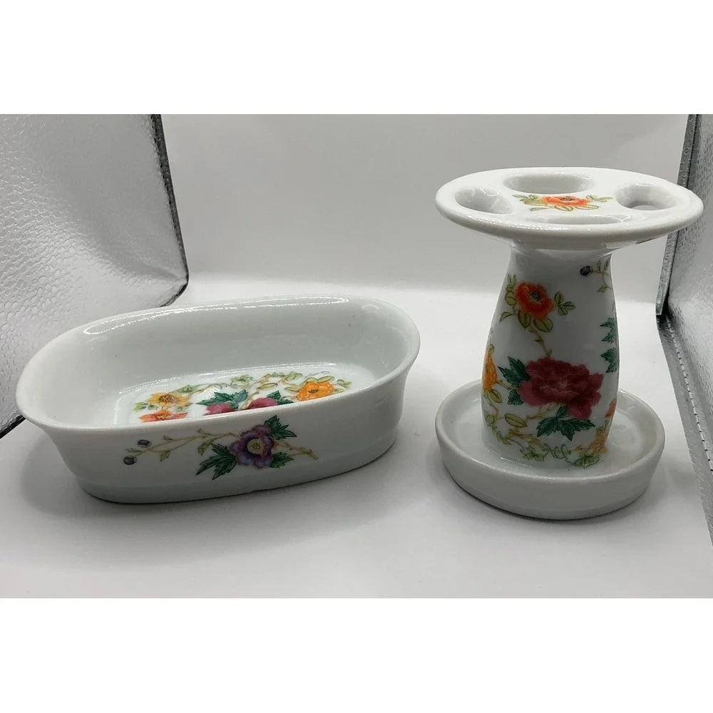 vintage Takahashi Porcelain 2 Piece Floral Soap Dish & Toothbrush Holder Japan